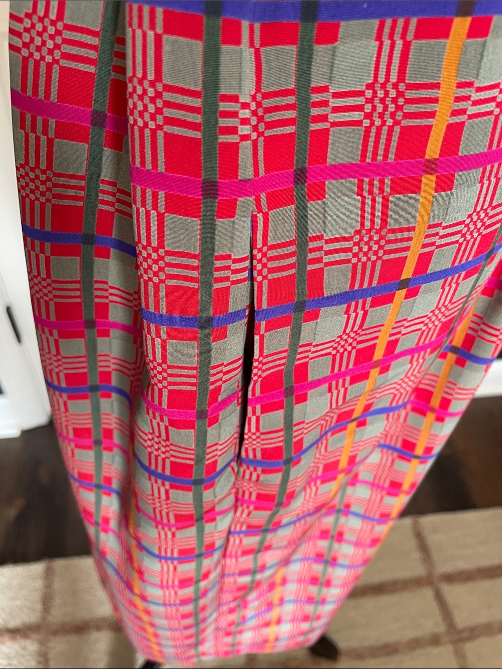 Vintage Hana Sung 1980s Plaid Shirt Dress Midi Belted Shoulder Pads Pink Blue 10 - Picture 6 of 13